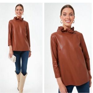 Tuckernuck Blouse Faye High Neck Ruffle Faux Leather in Cognac Brown